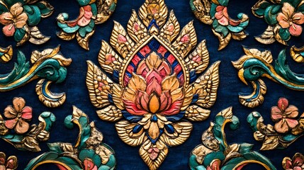 Vibrant floral pattern design, intricate details with rich colors on dark background, perfect for textile or wallpaper use.