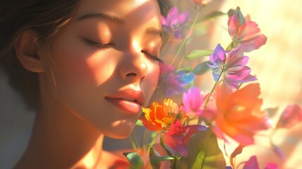 Serene woman smells a vibrant bouquet of flowers, bathed in warm sunlight