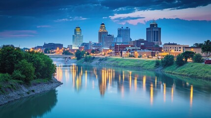 Fototapeta premium Evansville, Indiana skyline at blue hour with illuminated buildings reflecting in the river , Evansville, Indiana
