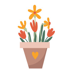 Charming Potted Flowers Illustration – Vibrant Spring Blooms in a Decorative Pot with Heart Design, Perfect for Greeting Cards, Invitations, Home Decor, and Digital Art Projects