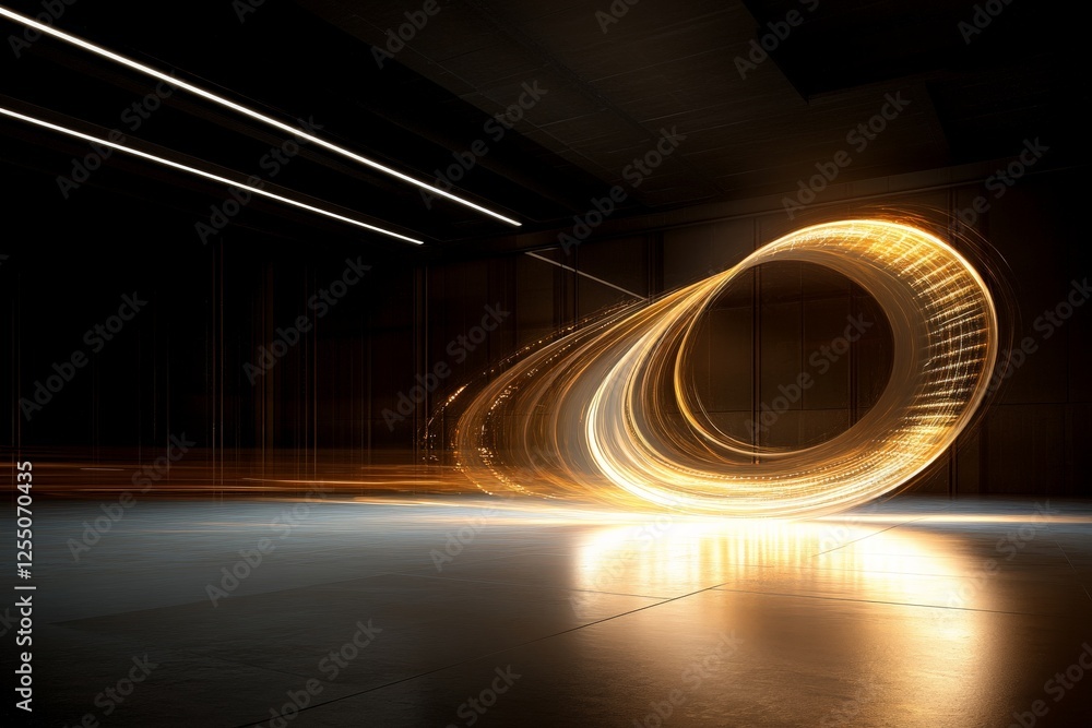 Poster light trails create a dynamic spiral effect in a dark modern space showcasing motion and energy
