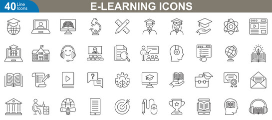 E-learning icons set. Vector illustration for online education, digital learning platforms, virtual classrooms, distance learning, web based training, mobile education apps and more