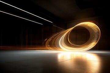 Light trails create a dynamic spiral effect in a dark modern space showcasing motion and energy