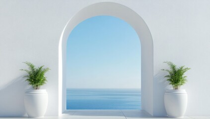 White archway with ocean view.