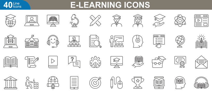E-learning icons set. Vector illustration for online education, digital learning platforms, virtual classrooms, distance learning, web based training, mobile education apps and more