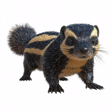 Striped skunk-like creature, standing with short legs, and furry tail, black and tan coloration.