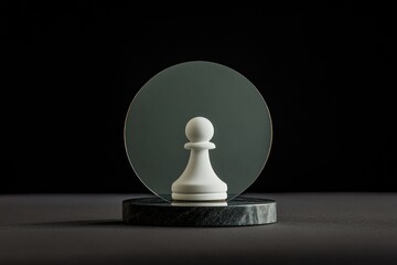 White chess pawn reflected in a circular mirror on a marble base against a black background.