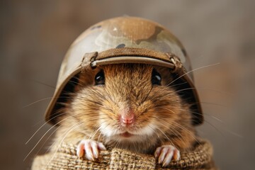 Obraz premium Adorable mouse in vintage military helmet posed against a concrete backdrop in realistic photography
