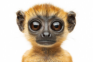 A close-up portrait of a baby lemur with big, captivating brown eyes, tan fur, and a black face.
