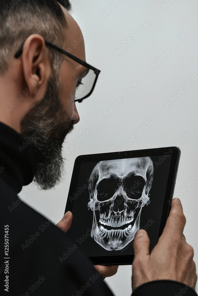 Poster exploring the intricacies of human anatomy: a detailed view of a skull x-ray using advanced technolo