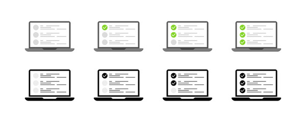 Laptop set icons. Test icons. Flat, linear and silhouette style. Vector icons.