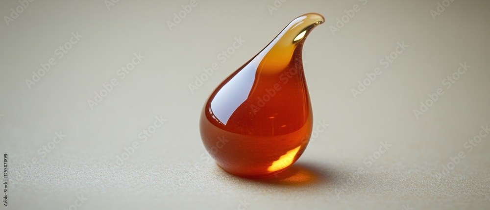 Poster amber drop close up on neutral background showing reflection and light play in simple elegant style