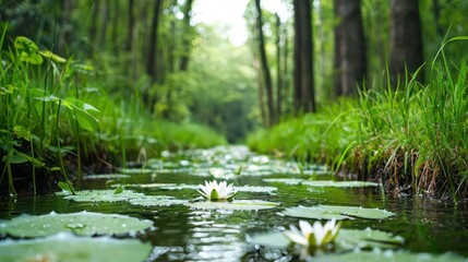 Naklejka premium Peaceful Forest Stream With White Water Lilies