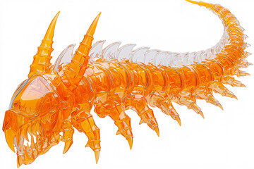Obraz premium Amber-hued, segmented insectoid figure, reminiscent of a centipede, gradually fades to translucent clear at its curved, spiky tail.
