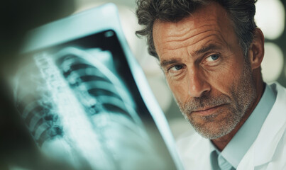 A Thoughtful Doctor Analyzing an X-Ray Image in a Modern Healthcare Setting Focused on Patient Diagnosis and Treatment, Emphasizing Professionalism and Care