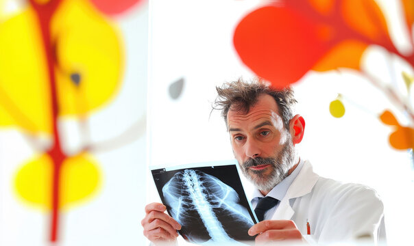 A Medical Professional Analyzes an X-ray Image in a Bright, Contemporary Environment, Highlighting the Importance of Diagnostic Imaging in Healthcare