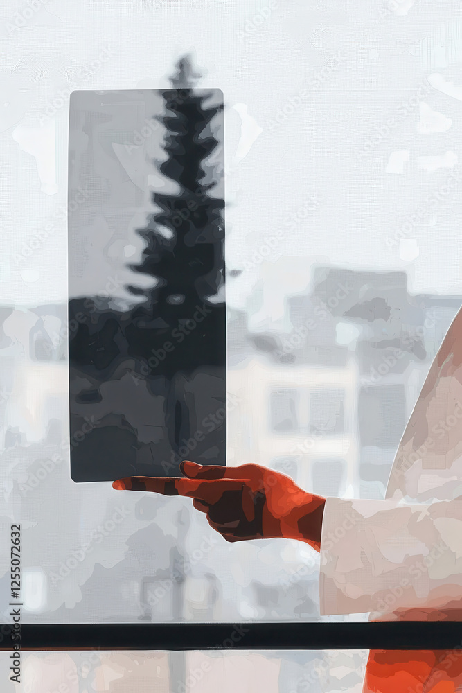 Poster exploring the intersection of nature and technology: a contemporary reflection of a tree through a t