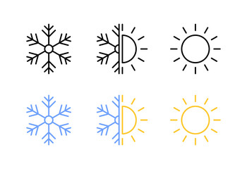 Snowflake and sun icons. Linear and flat style. Vector icons.