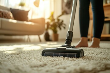 Person cleaning carpet with vacuum cleaner in bright living room home environment action shot for effective cleaning techniques