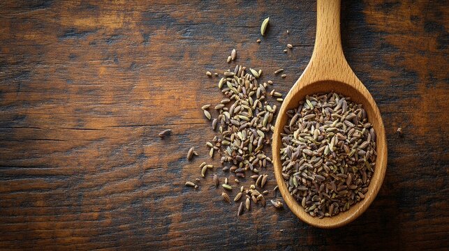 A wooden spoon filled with cumin seeds on a rustic wooden surface.