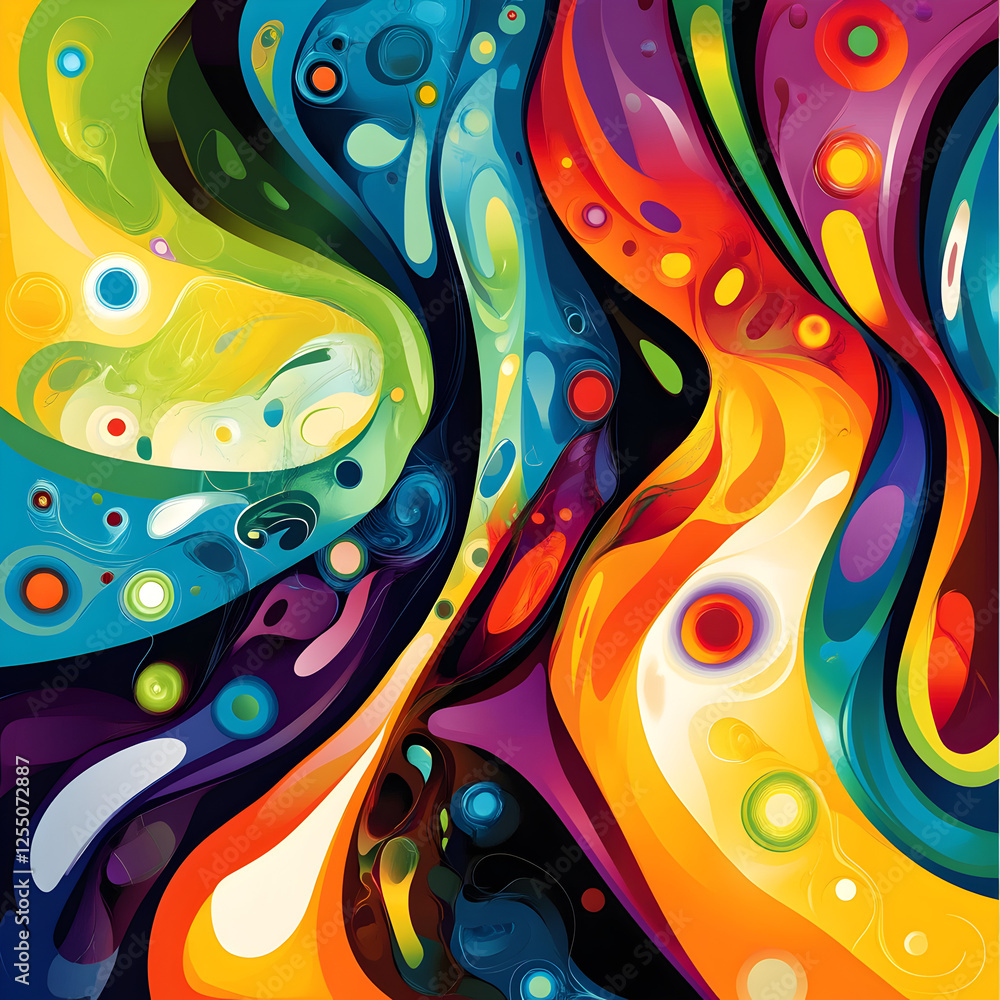 Poster color symphony: a vibrant abstract composition of swirling shapes and bold colors. creating a captiv