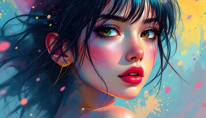 Fototapeta premium Vibrant Digital Art Portrait of a Woman with Colorful Background
