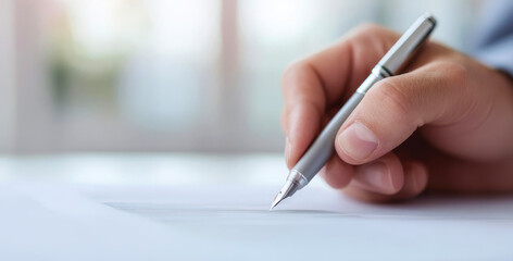 Closeup of a pen signing mortgage documents, the paper slightly blurred to highlight the hand mortgage, loan