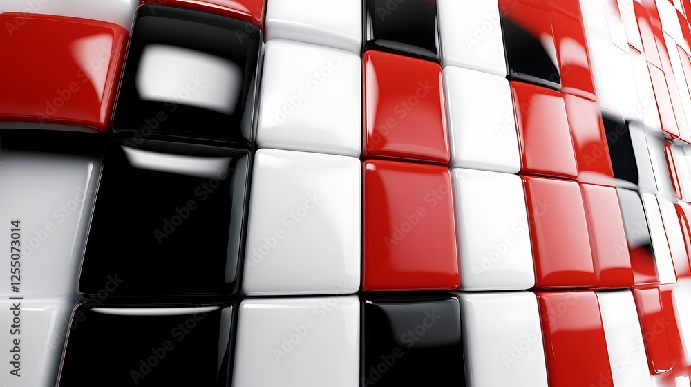 Poster red, white, black cubes curve; abstract background; design texture