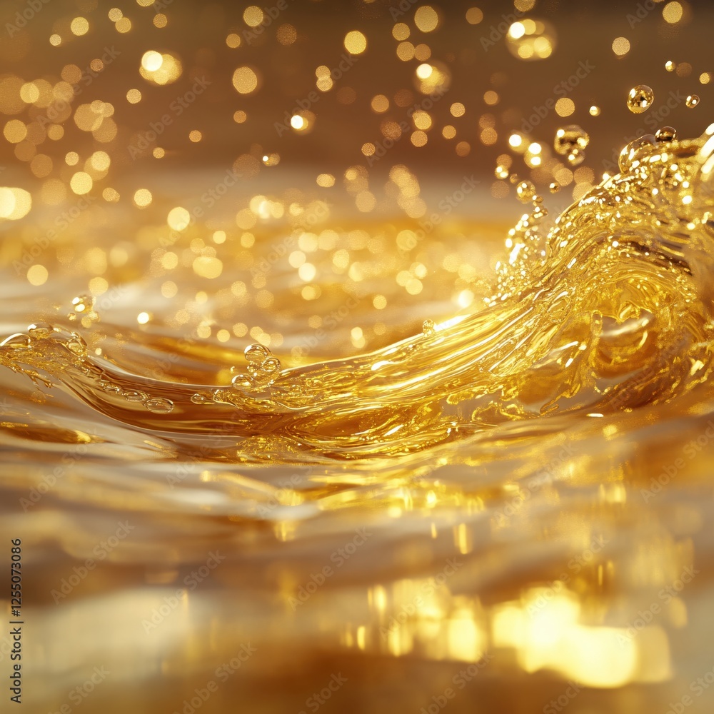 Poster golden liquid wave with bokeh lights creating a luxurious and abstract background