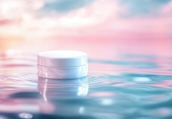 White cosmetic jar on calm water with pastel sky.