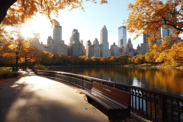 Fototapeta premium Central Park in autumn highlights vibrant foliage and city skyline during golden hour