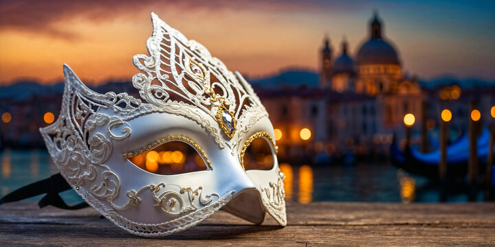 white Venetian mask with lace decorations