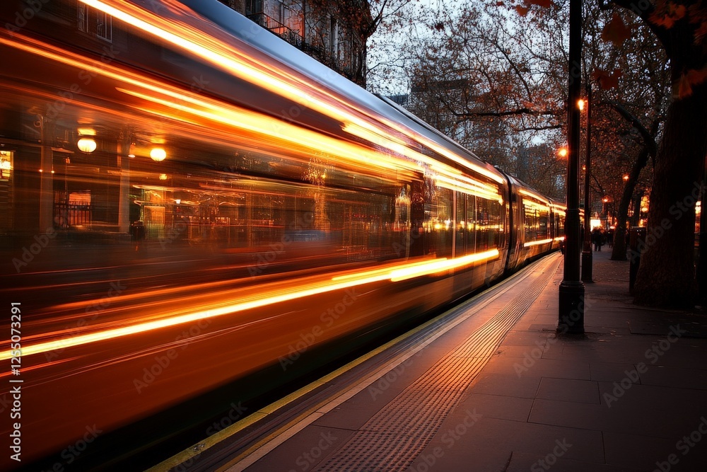 Poster train speeding through an urban street at twilight, creating light trails against a backdrop of tree