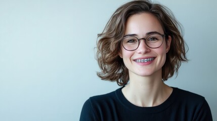 Obraz premium Close-up of happy girl showing off her orthodontic appliance and healthy smile, with space for text