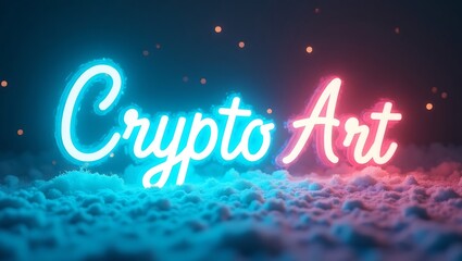 Crypto art installation with glowing text on textured surface