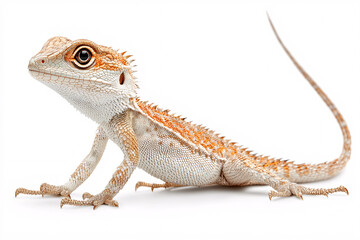 Close-up of a small, spiky lizard with orange markings, showcasing its textured skin and curious gaze against a white background.