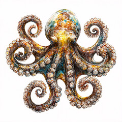 Obraz premium Watercolor style octopus with swirling tentacles, featuring a spectrum of blues, browns, and yellows on a white background.