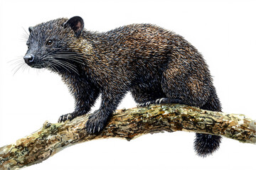 Dark furry mammal perched on a branch, with whiskers and a curious gaze.