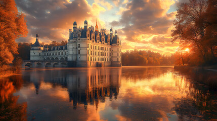 Naklejka premium A striking photography of the chateaux of the Loire Valley, with stately castles surrounded by lush gardens and reflective water features, presented in an awesome and highly detailed.