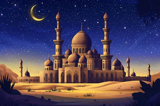 masjetic mosque with detailed domes on a desert in a ramadan night