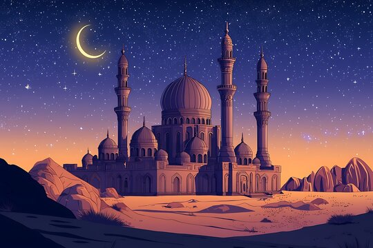 masjetic mosque with detailed domes on a desert in a ramadan night