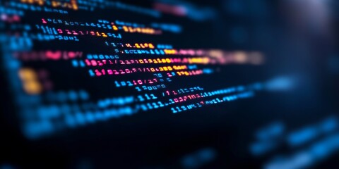 Modern Programming Technology Vibrant Neon Computer Code Illuminates a Dark Background.