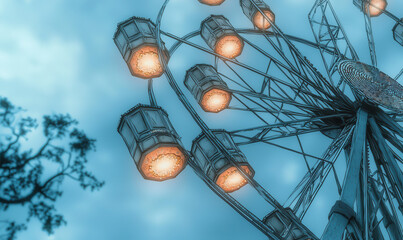 Experience the Magic of a Ferris Wheel Under the Night Sky: A Captivating View of Lights and Fun at the Carnival