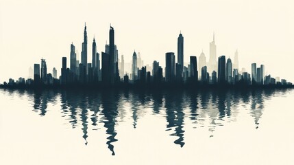 Fototapeta premium Silhouette of Dubai's skyline with its iconic skyscrapers, reflected in a calm body of water. The reflection creates a sense of depth and symmetry, highlighting the city's modern architecture.