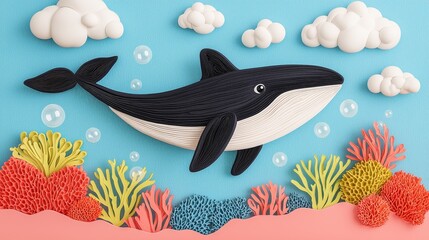 Fototapeta premium A colorful, whimsical illustration of a whale swimming among coral and bubbles, set against a vibrant underwater background.