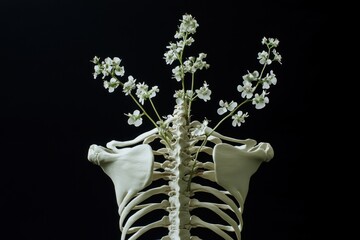 White flowers sprout from human spine model against black background.