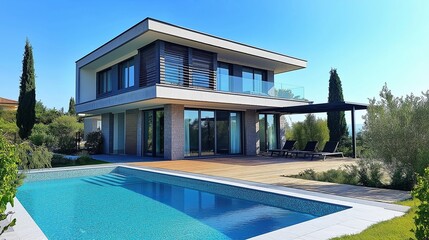 Fototapeta premium 3D rendering of a modern two-story house with a large swimming pool in the foreground. The house is made of concrete and has a modern design with a flat roof and large windows