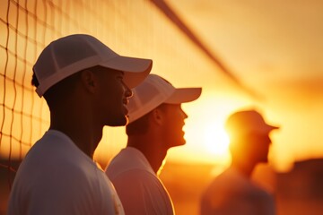 Sunset volleyball players waiting for the match at a beach court with vibrant colors in the sky