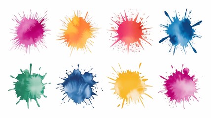 Collection of Watercolor Paint Splashes Featuring a Spectrum of Colors on a Clean White Background