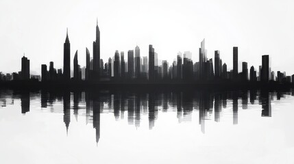 Naklejka premium Silhouette of Dubai's skyline with its iconic skyscrapers, reflected in a calm body of water. The reflection creates a sense of depth and symmetry, highlighting the city's modern architecture.